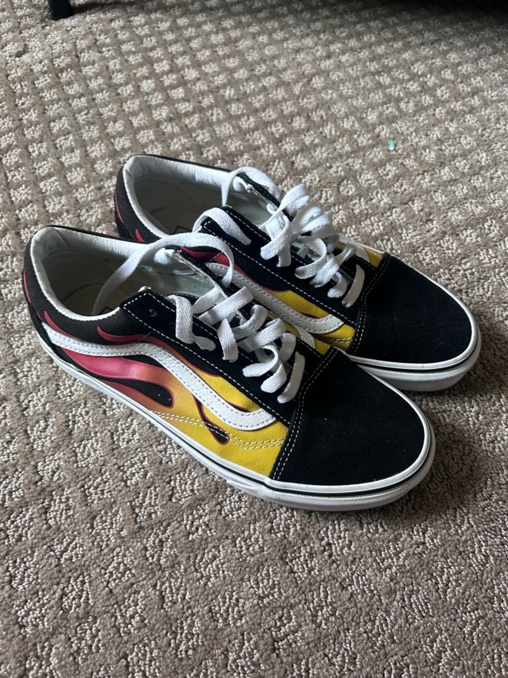 Vans Black Old Skool Sneakers with Yellow & Red Flame M7 W8.5
